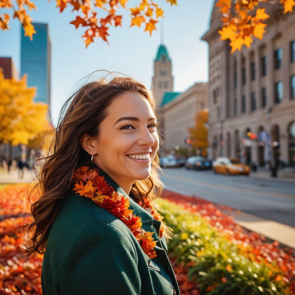 A portrait of a joyful person in Buffalo, capturing their beaming smile against a vibrant city backdrop. Include iconic Buffalo landmarks subtly in the background, such as the City Hall or the Buffalo skyline, with warm sunlight illuminating the scene. Infuse the image with a sense of movement, like swirling colorful leaves around the subject, symbolizing the joy of autumn. The overall vibe should evoke happiness and connection to the city. super-realistic. vibrant colors. dynamic composition.