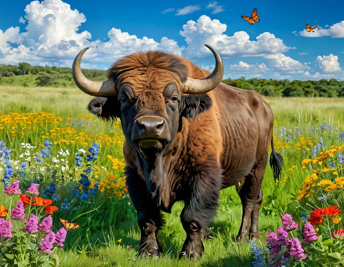 A cheerful buffalo standing in a lush green meadow, surrounded by vibrant wildflowers, capturing the joy of nature. The buffalo is playfully interacting with a group of butterflies fluttering around it. In the background, a bright blue sky with fluffy white clouds enhances the scene. The image radiates warmth and happiness, inviting viewers to appreciate the beauty of wildlife. super-realistic. vibrant colors. white background.
