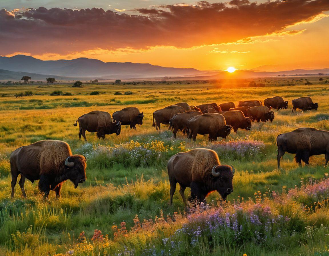 A stunning sunset scene featuring a herd of majestic buffalo grazing on lush green fields, with the warm golden light illuminating their powerful frames. In the foreground, a photographer with a camera, capturing the moment, surrounded by vibrant wildflowers. The overall atmosphere exudes tranquility and joy in nature. super-realistic. vibrant colors. dramatic lighting.